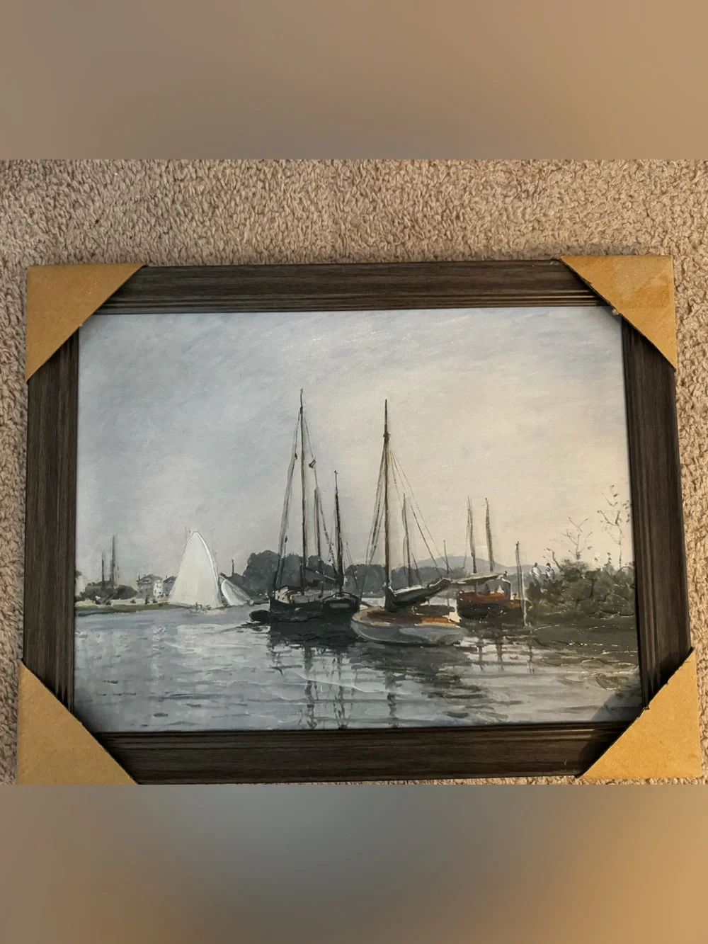 Framed Nautical Harbor Painting in Muted Blues and Grays Faux Oil Print 14x18 - Picture 1 of 2